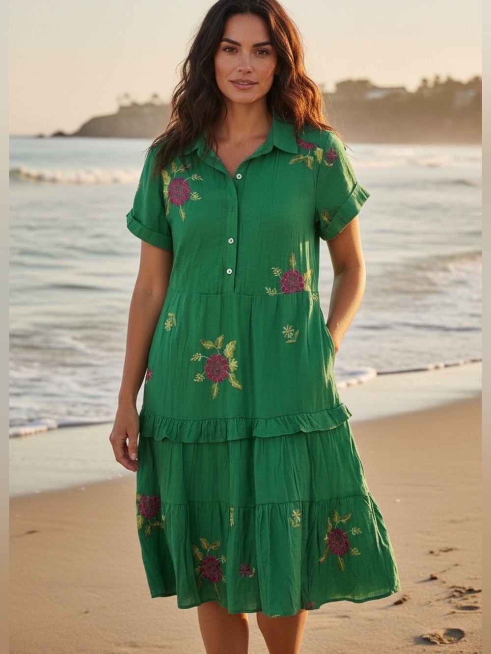 Figueroa flower Anthropology Green Floral Embroidered Tiered Dress size M